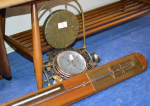 SMALL DINNER GONG ON STAND, ORNATE BAROMETER AND MODERN STICK BAROMETER