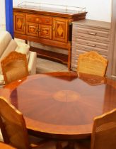 INLAID MAHOGANY GALLERY TOP SIDEBOARD WITH MATCHING DINING TABLE AND 6 CHAIRS