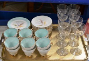 TRAY CONTAINING QUANTITY SUTHERLAND TEA WARE AND A SET OF CRYSTAL STEM GLASSES