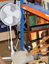 FAN ON STAND, CLOTHES DRYER, WOODEN EASEL, SMALL QUANTITY OF PICTURES, ANGLE POISE LAMP, AIR BED AND