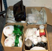 4 BOXES CONTAINING A QUANTITY OF ROYAL CROWN DERBY TEA WARE, VICTORIAN TEA POTS, GREEN GLASS TABLE