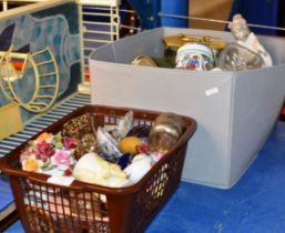 2 BOXES CONTAINING MIXED CERAMICS, VINTAGE GILT CLOCK, CRYSTAL AND GLASS WARE. FLORAL POSSE