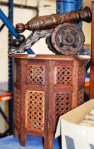 A BRASS INLAID EASTERN STYLE FOLDING TABLE & A WOODEN CANNON DISPLAY