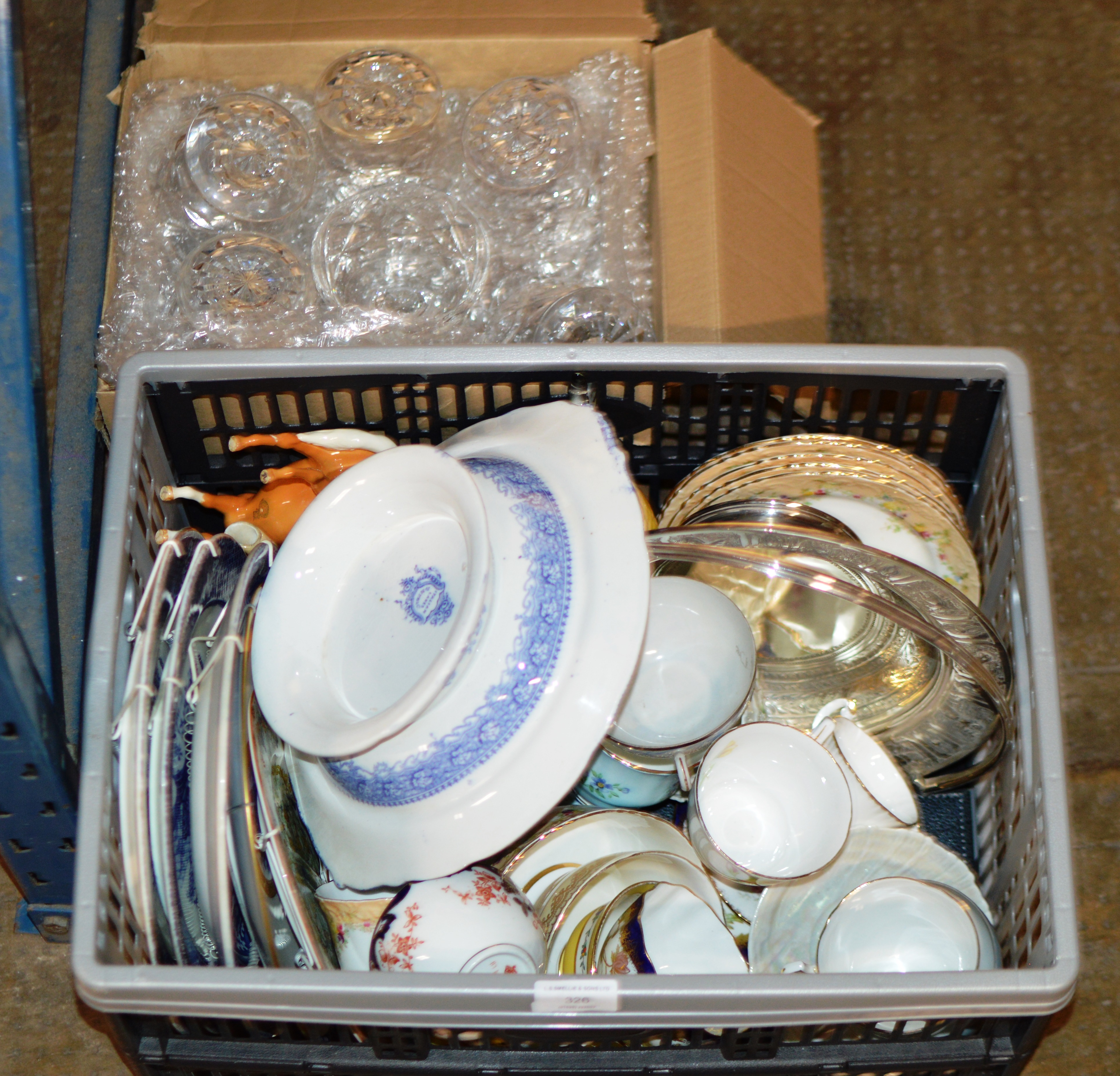 2 BOXES CONTAINING CRYSTAL WARE VARIOUS CUP AND SAUCER SETS, EP BASKET, BESWICK BIRD ORNAMENT, ROYAL