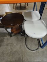 PAIR OF MODERN CHROME FINISHED BREAKFAST BAR STOOLS, MAHOGANY CIRCULAR OCCASIONAL TABLE