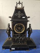 23" LARGE SLATE MANTLE CLOCK WITH STEPPED PLINTH AND DOUBLE KNIGHT MOUNTS