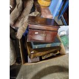 BOX CONTAINING 3 CASED CUTLERY SETS, JAPANESE EGG SHELL TEA WARE, TOILETRIES, VIDAL SASSON HAIR