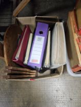 BOX CONTAINING VARIOUS ALBUMS OF STAMPS, FOLDING EASTERN TABLE AND A CASED SET OF 12 TEA SPOONS