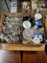 2 BOXES COMPRISING QUANTITY OF EP TEA SERVICE, HOTEL WARE, DISHES, CUTLERY , CUT CRYSTAL WARE, 2
