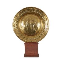 ENGLISH BRASS 'ADAM AND EVE' ALMS DISH AND STAND