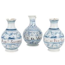 THREE ITALIAN MAIOLICA BLUE AND WHITE PHARMACY BOTTLES