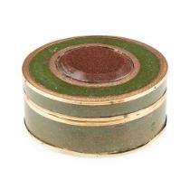 GREEN LEATHER AND YELLOW METAL MOUNTED SNUFF BOX