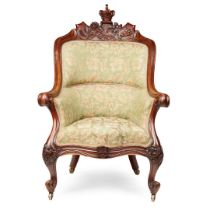 EARLY VICTORIAN WALNUT UPHOLSTERED ARMCHAIR