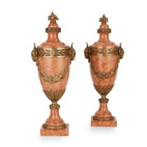 PAIR OF LARGE LOUIS XVI STYLE BRECCIA PERNICE MARBLE AND GILT BRONZE MOUNTED URNS