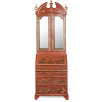 QUEEN ANNE STYLE RED JAPANNED BUREAU BOOKCASE