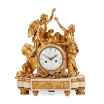 FRENCH LOUIS XVI GILT BRONZE AND WHITE MARBLE MANTEL CLOCK BY LEPINE