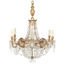 GEORGIAN STYLE GILT BRONZE, CRYSTAL, AND JASPERWARE MOUNTED CHANDELIER