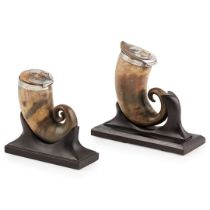 TWO WHITE METAL MOUNTED HORN SNUFF MULLS AND STANDS
