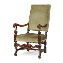 FLEMISH WALNUT AND UPHOLSTERED OPEN ARMCHAIR