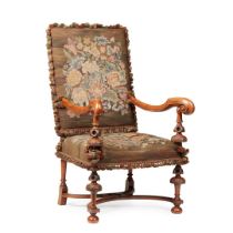 WILLIAM AND MARY STYLE WALNUT AND NEEDLEWORK UPHOLSTERED ARMCHAIR