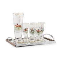 ART DECO STYLE ENAMELLED GLASS LEMONADE SET, OF HUNTING INTEREST