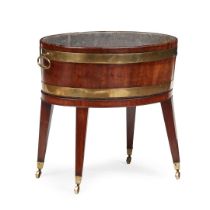 GEORGE III MAHOGANY AND BRASS WINE COOLER ON STAND