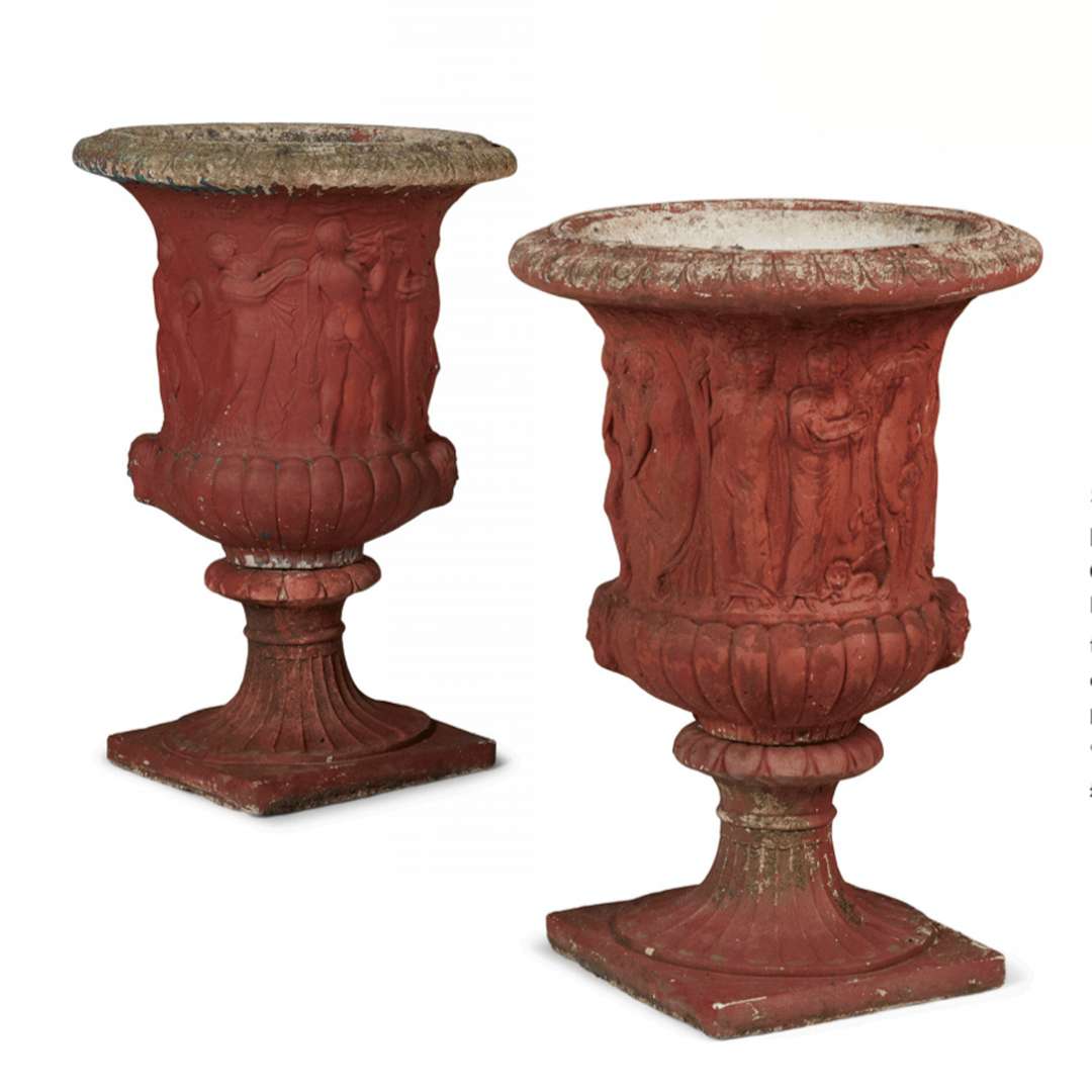 PAIR OF LARGE PAINTED COMPOSITION STONE URNS