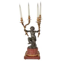 FRENCH LOUIS XV STYLE GILT AND PATINATED BRONZE AND MARBLE FIGURAL CANDELABRA