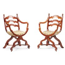 PAIR OF WALNUT X-FRAMED ARMCHAIRS