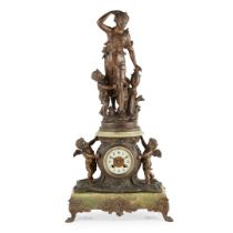 FRENCH GREEN ONYX AND PATINATED METAL FIGURAL MANTEL CLOCK