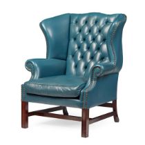 GEORGE III STYLE BLUE LEATHER UPHOLSTERED WING ARMCHAIR