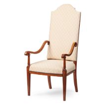 EDWARDIAN QUEEN ANNE STYLE MAHOGANY AND SATINWOOD OPEN ARMCHAIR