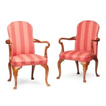 PAIR OF QUEEN ANNE STYLE WALNUT ARMCHAIRS