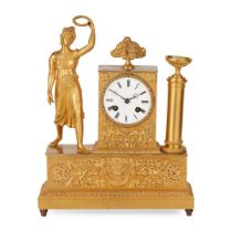 FRENCH EMPIRE GILT BRONZE AND BRASS FIGURAL MANTEL CLOCK