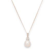 A cultured pearl, jade and diamond pendant