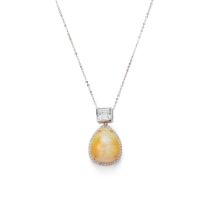 An aquamarine, opal and diamond pendant necklace