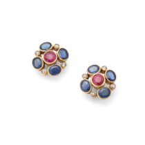A pair of ruby, sapphire and diamond cluster earrings
