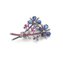 A sapphire, ruby and diamond floral spray brooch