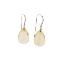 A pair of lemon quartz and diamond earrings