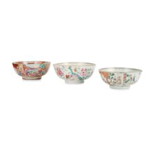 [PRIVATE SCOTTISH COLLECTION, BLAIRGOWRIE] GROUP OF THREE EXPORT FAMILLE ROSE PUNCH BOWLS