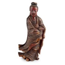 LARGE LACQUERED WOODEN CARVING OF GUANYIN