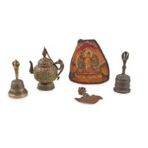 GROUP OF FOUR TIBETAN BRONZE RITUAL VESSELS AND ONE OX-BONE THANGKA