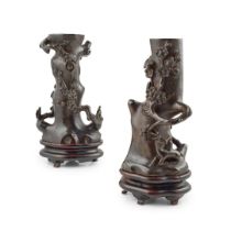 [PRIVATE SCOTTISH COLLECTION, GLASGOW] PAIR OF BRONZE 'PRUNUS' VASES WITH WOODEN STANDS