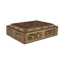 GOLD-PAINT LACQUER BOX WITH MOTHER OF PEARL GAME COUNTERS