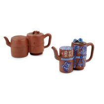 TWO YIXING STONEWARE CONJOINED TEAPOTS
