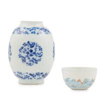 BLUE AND WHITE RIBBED JAR AND DOUCAI WINE CUP