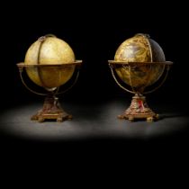 PAIR OF 32 INCH FACSIMILE TERRESTRIAL AND CELESTIAL LIBRARY GLOBES, AFTER VINCENZO CORONELLI