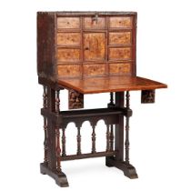 SOUTH GERMAN FRUITWOOD, MARQUETRY AND LEATHER TABLE CABINET-ON-STAND