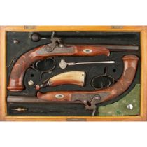 FINE CASED PAIR OF GERMAN 36-BORE PERCUSSION TARGET PISTOLS, BY C FRIESE, DRESDEN