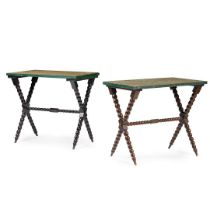 PAIR OF BAROQUE STYLE GREEN PAINTED AND EBONISED BOBBIN TURNED TABLES
